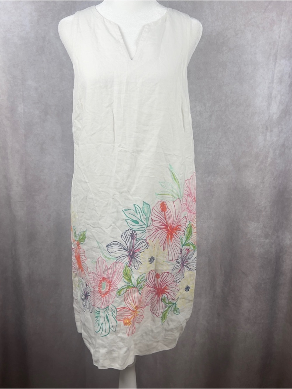 Tommy Bahama Linen Shift Dress Womens Small White Floral V Neck Lined Hawaiian